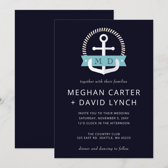 Hochzeit der modernen Navy-Anchor-Nautical-Monogra Einladung (Vorne/Hinten)