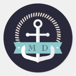 Hochzeit der modernen Navy-Anchor-Nautical-Monogra Runder Aufkleber
