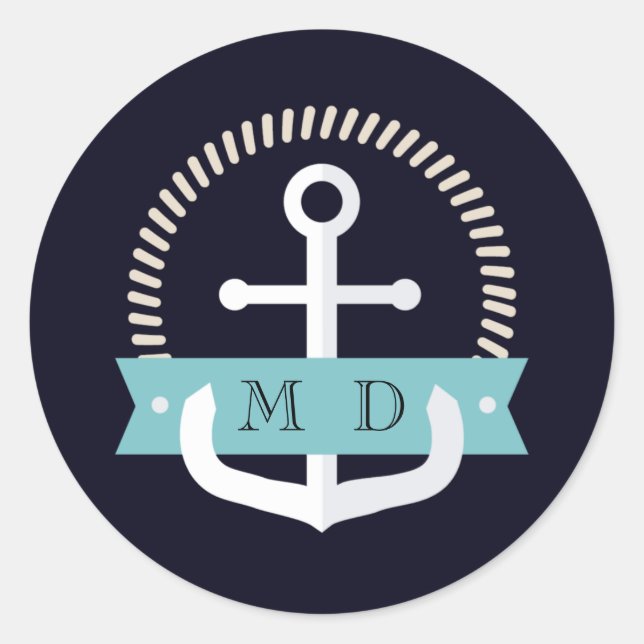 Hochzeit der modernen Navy-Anchor-Nautical-Monogra Runder Aufkleber (Vorderseite)
