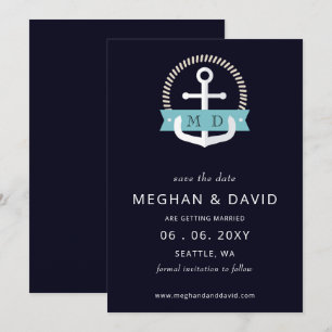 Hochzeit der modernen Navy-Anchor-Nautical-Monogra Save The Date