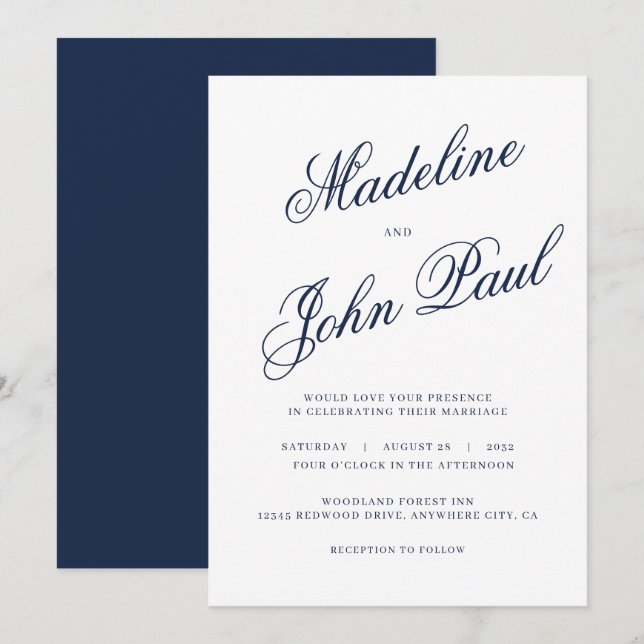 Hochzeit der modernen Navy-Blue-Kalligrafie Einladung (Vorne/Hinten)