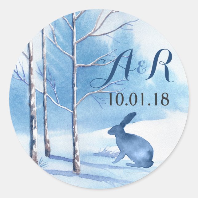 Hochzeit der Monogram-Winter-Trees Runder Aufkleber (Vorderseite)