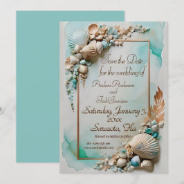 Hochzeit der Muschel am aquamarinen Meer Save The Date