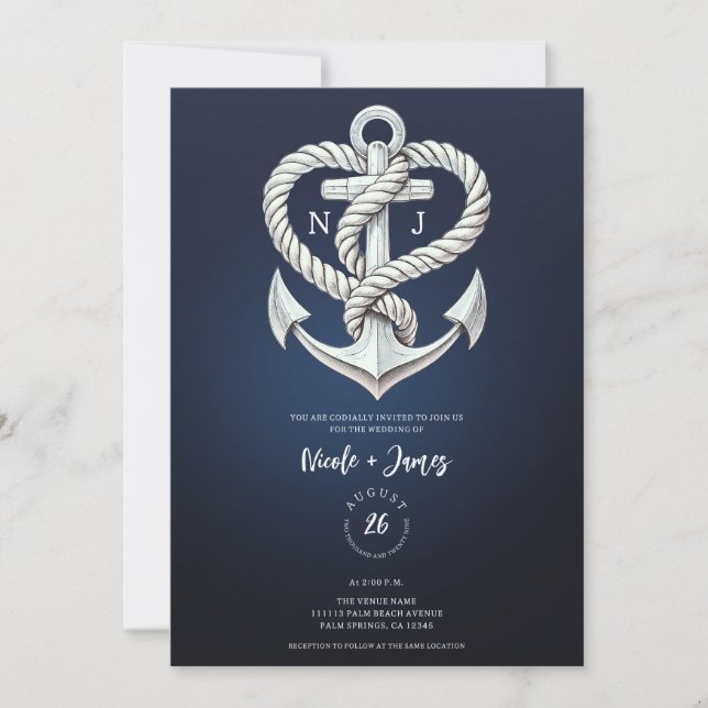 Hochzeit der Nautic Heart Rope Anchor Coastal Navy Einladung (Vorderseite)