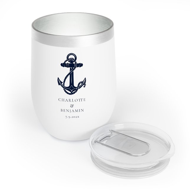 Hochzeit der Nautic Navy Blue Anchor Beach (Nautical Anchor Navy Blue Boating Wedding Swag Personalized Wine Tumbler)