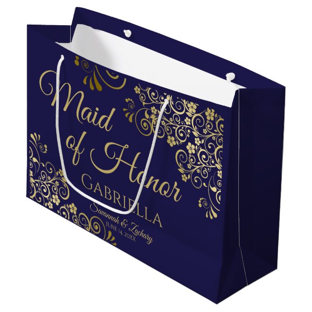 Hochzeit der Navy Blue & Gold Lace Trauzeugin Große Geschenktüte (Vorderseite Schrägansicht)