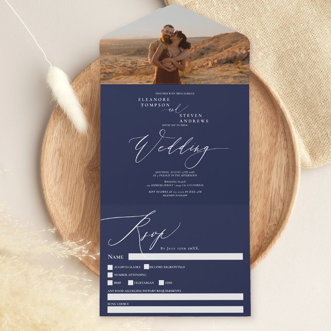 Hochzeit der Navy-Boho-Foto-Chic-Kalligrafie All In One Einladung (Von Creator hochgeladen)