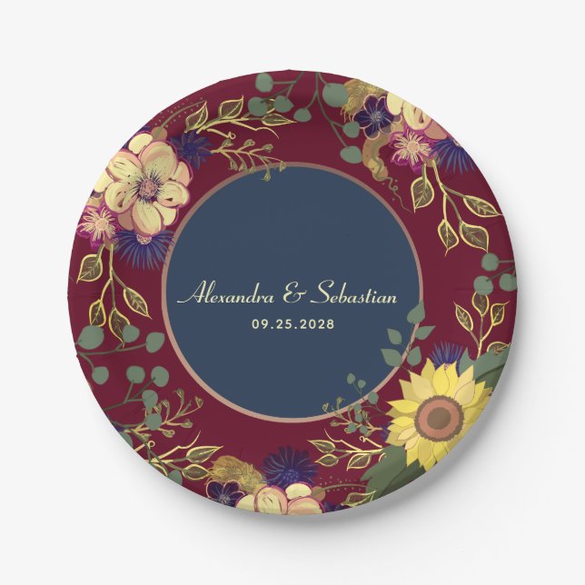 Hochzeit der Navy Burgundy Sonnenblumen Pappteller (Vorderseite)