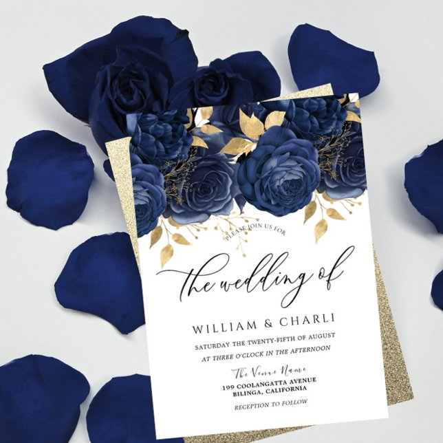 Hochzeit der Navy mit Blue & Gold Floral Einladung (Von Creator hochgeladen)