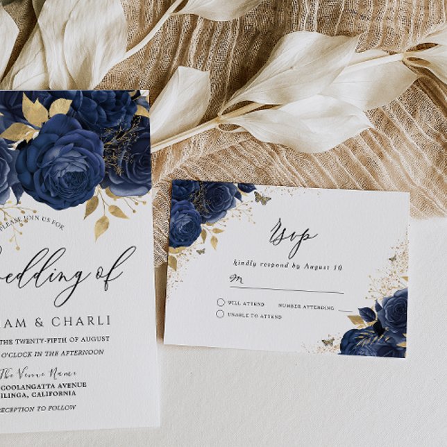 Hochzeit der Navy mit Blue & Gold Floral RSVP Karte (Von Creator hochgeladen)