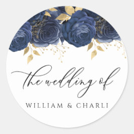 Hochzeit der Navy mit Blue & Gold Floral Runder Aufkleber