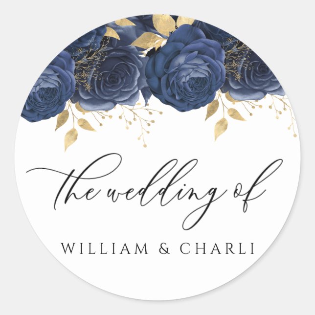 Hochzeit der Navy mit Blue & Gold Floral Runder Aufkleber (Vorderseite)