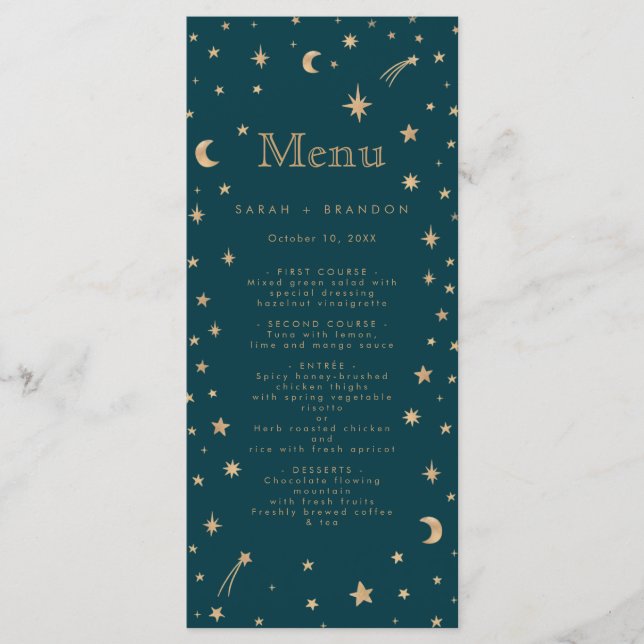 Hochzeit der Navy Mystical Gold Stars Moon Astrono Menükarte (Vorderseite)