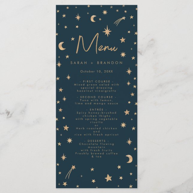 Hochzeit der Navy Mystical Gold Stars Moon Astrono Menükarte (Vorderseite)
