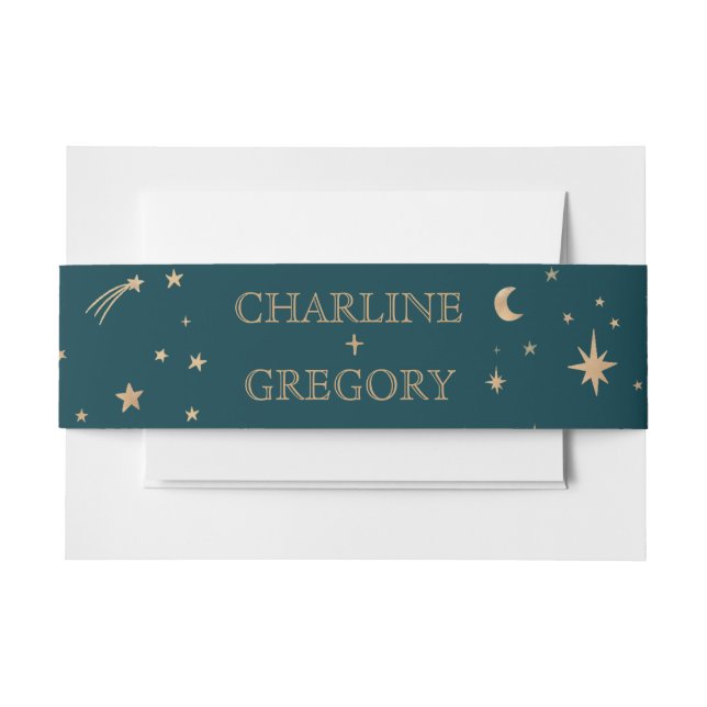 Hochzeit der Navy Whimsical Gold Stars Moon Astron Einladungsbanderole (Vorderseite Beispiel)