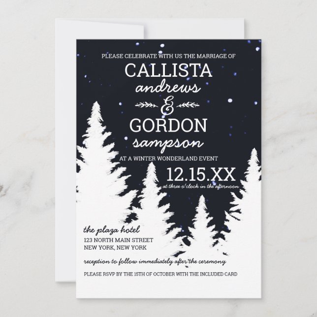 Hochzeit der Navy White Snow Winter Wonderland Einladung (Vorderseite)