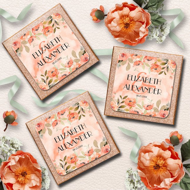 Hochzeit der Orangen Wasserfarbe Quadratischer Aufkleber (Wedding Watercolor Orange Floral 3" Square Stickers)