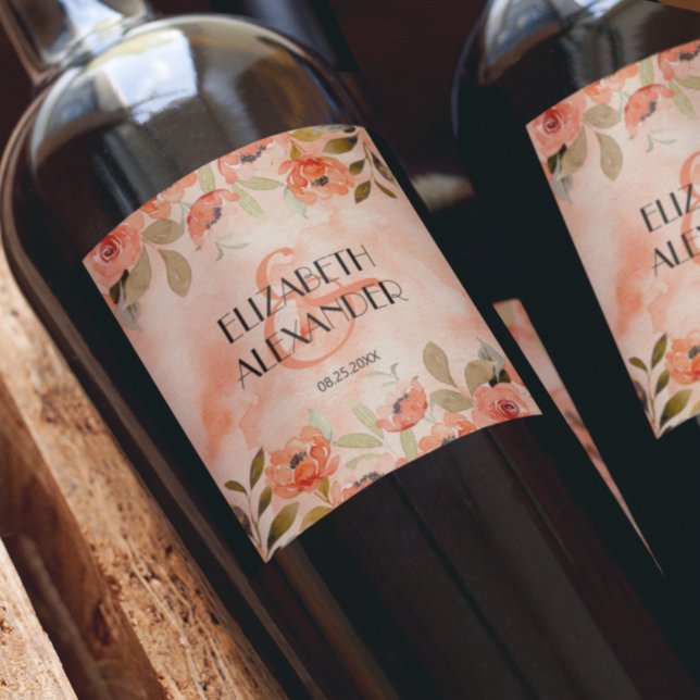 Hochzeit der Orangen Wasserfarbe Weinetikett (Watercolor orange floral wedding wine bottle personalized labels)