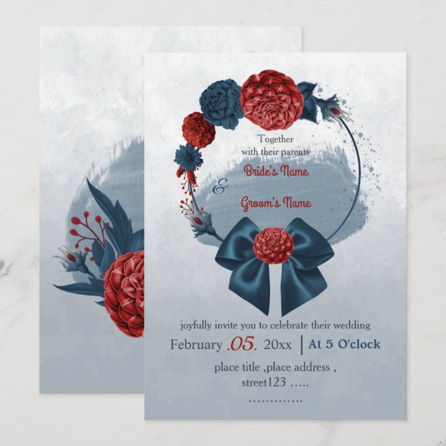 Hochzeit der romantischen Marine und des bordeauxf Einladung (Vorne/Hinten)