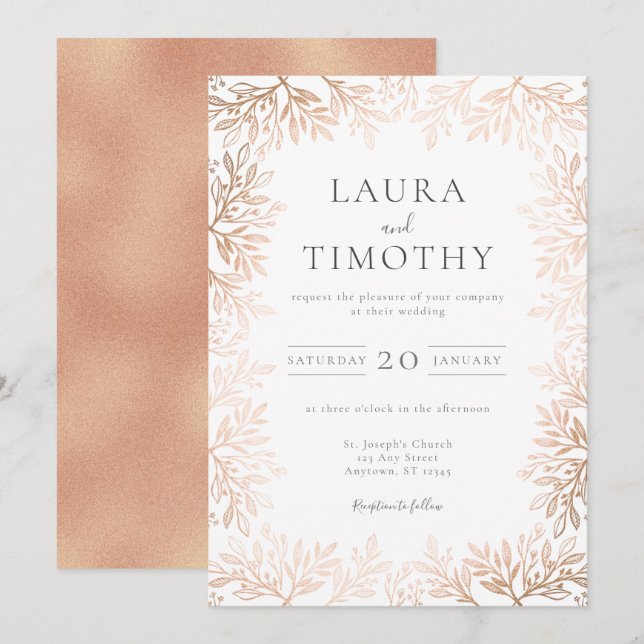 Hochzeit der Rose Gold Floral Border Typografy Einladung (Vorne/Hinten)