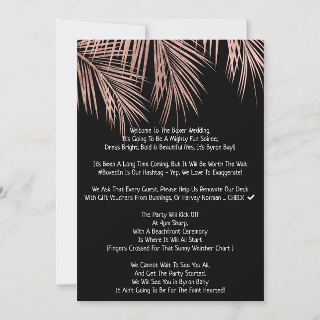 Hochzeit der Rose mit dem Gold der tropischen Palm Einladung (Vorderseite)