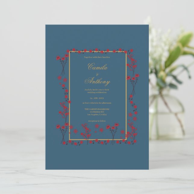 Hochzeit der roten Goldflorenbrille der Marine Einladung (Stehend Vorderseite)