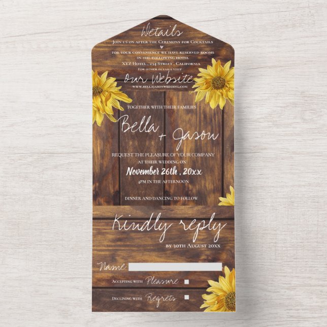 Hochzeit der Rustikalen Holzblume All In One Einladung (Innen)