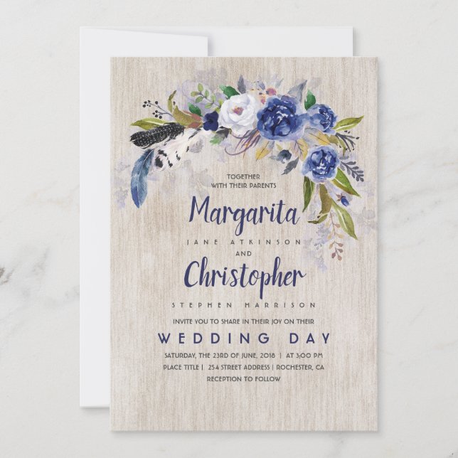 Hochzeit der Rustikalen Marine mit Aquarellfarben Einladung (Vorderseite)