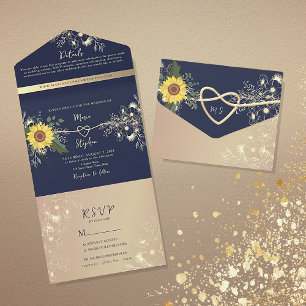 Hochzeit der Rustikalen Navy mit blauen Sonnenblum All In One Einladung
