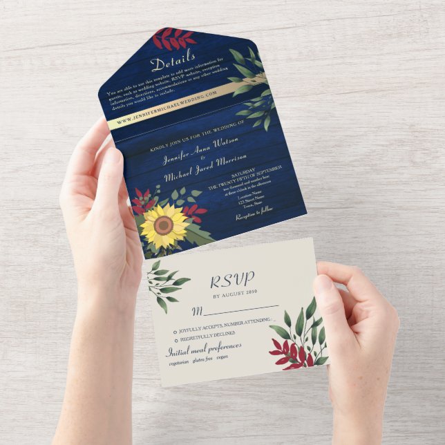 Hochzeit der Rustikalen Navy mit Sonnenblumen All In One Einladung (Abreißen)
