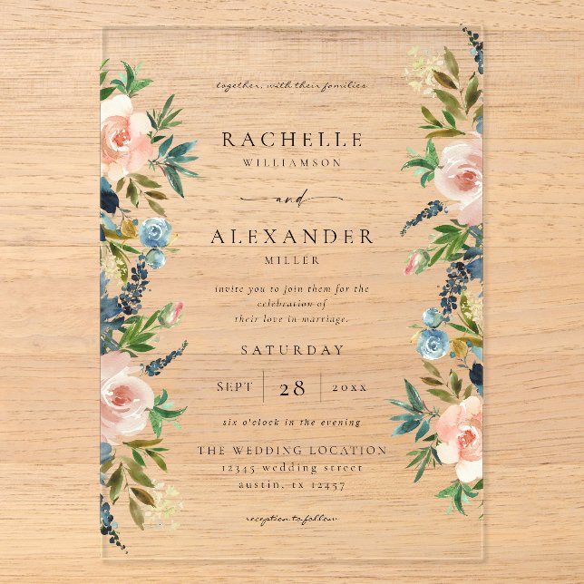 Hochzeit der Seeschifffahrt, Blauen und rosa Blume Acryleinladungen (Vorderseite)