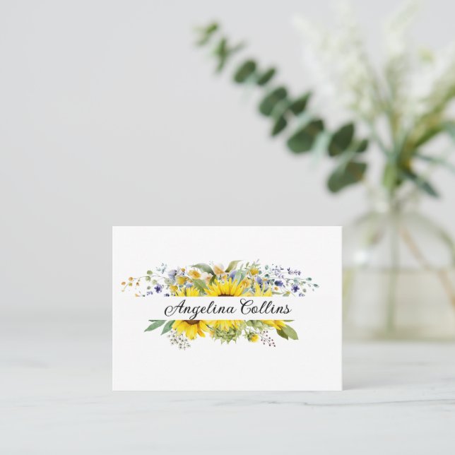 Hochzeit der Sonnenblume, Aquarellblau Wildblume Platzkarte (Stehend Vorderseite)