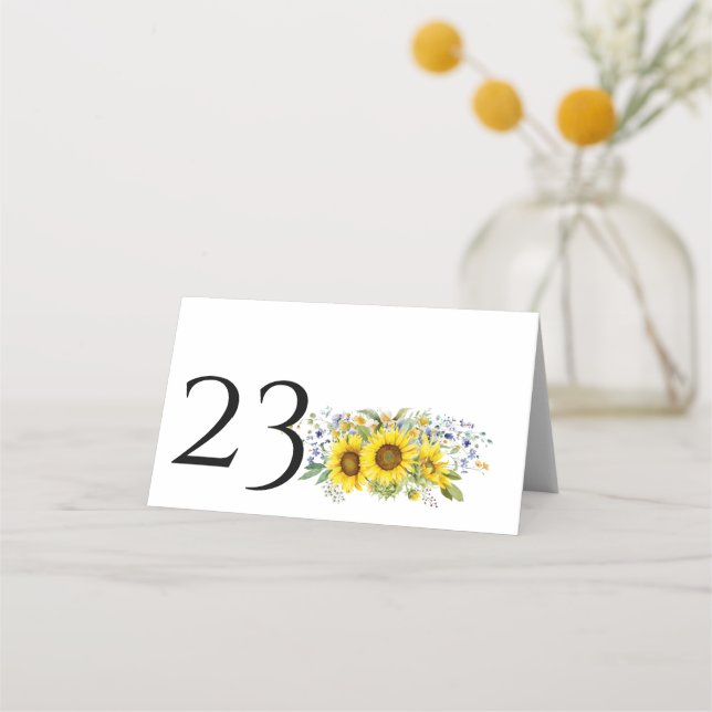 Hochzeit der Sonnenblume, Aquarellblau Wildblume Platzkarte (Vorderseite)