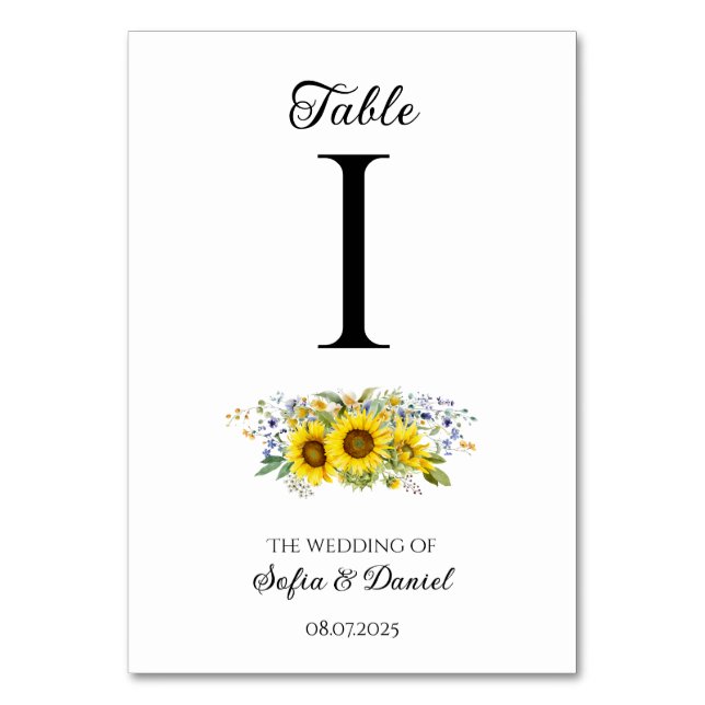 Hochzeit der Sonnenblume, Aquarellblau Wildblume Tischnummer (Vorderseite)