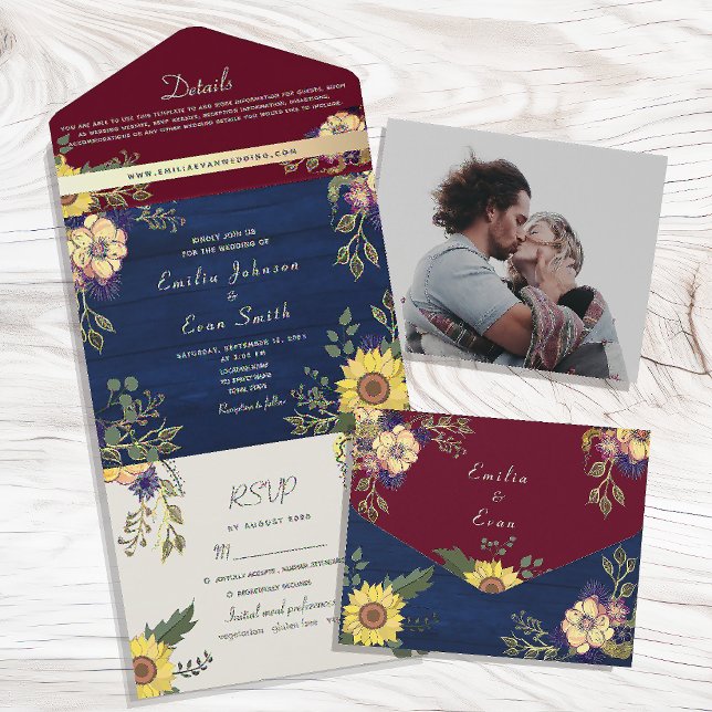 Hochzeit der Sonnenblumen der Rustikalen Burgundy  All In One Einladung (Von Creator hochgeladen)