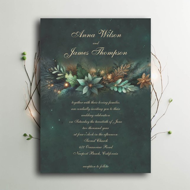 Hochzeit der verzauberten Waldmärchen Einladung (enchanted forest wedding invitation emerald gold garland calligraphy modern classic)