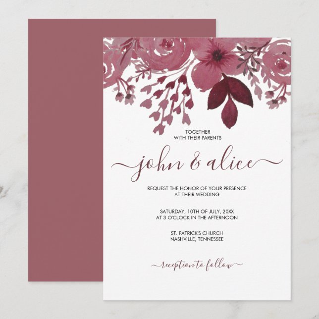 Hochzeit der Wasserfarbe Burgund Einladung (Vorne/Hinten)