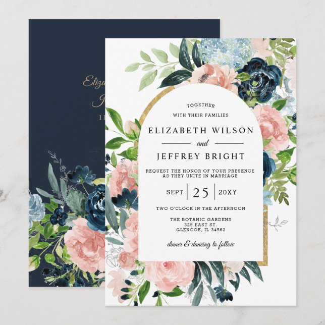 Hochzeit der Wasserfarben-Navy-Blush-Gold-Floral-A Einladung (Vorne/Hinten)