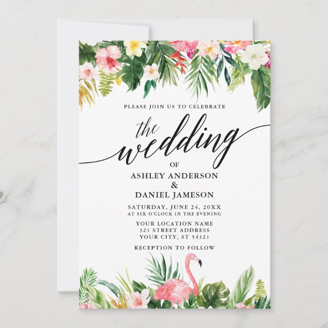Hochzeit der Wasserfarben-Tropenkalligrafie Einladung (Vorderseite)