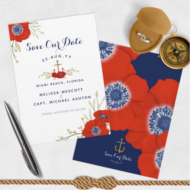 Hochzeit der Wasserfarbenfloralen Navy Save The Date (Red, White, and Blue Nautical Save Our Date Announcements  )