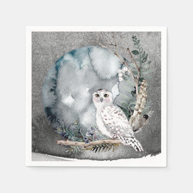Hochzeit der Wasserfarbenwelt "Winter Snow Owl Moo Serviette (Vorderseite)