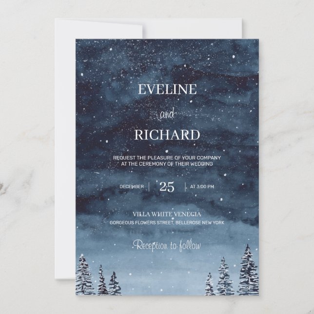 Hochzeit der Watercolor-Marine im Winterwald Einladung (Vorderseite)