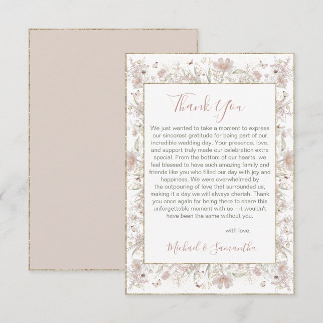Hochzeit der Wildblume Blush and Sage Dankeskarte (Vorne/Hinten)