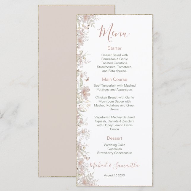 Hochzeit der Wildblume Blush and Sage Menükarte (Vorne/Hinten)