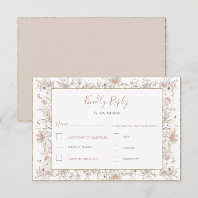 Hochzeit der Wildblume Blush and Sage RSVP Karte (Vorne/Hinten)