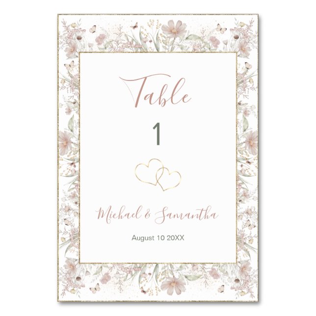 Hochzeit der Wildblume Blush and Sage Tischnummer (Vorderseite)