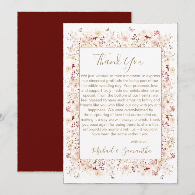 Hochzeit der Wildblume Burgund und Blush Dankeskarte (Vorne/Hinten)