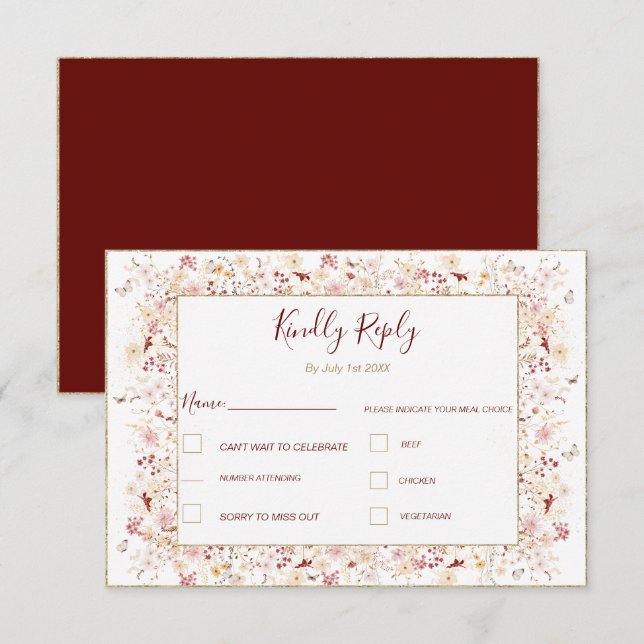 Hochzeit der Wildblume Burgund und Blush RSVP Karte (Vorne/Hinten)