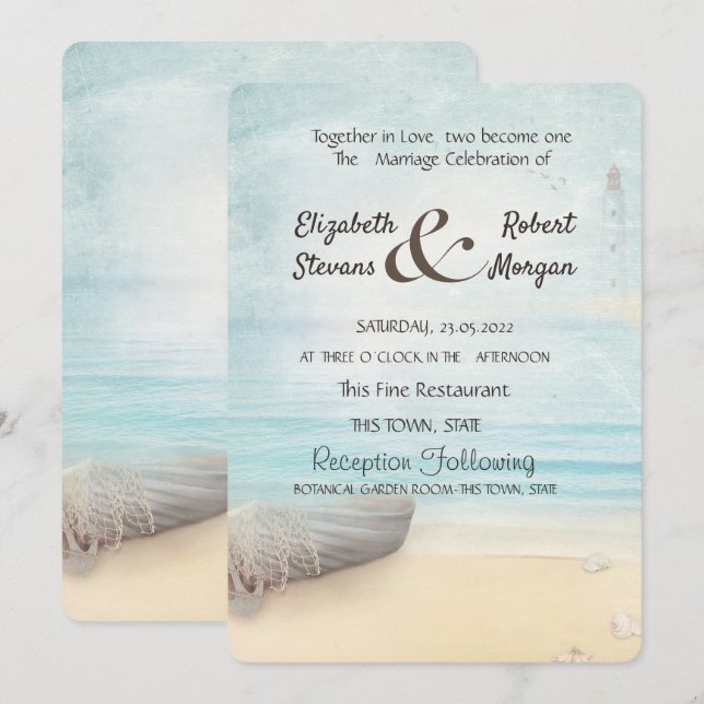 Hochzeit des Beach Boat Lighthouse Einladung (Vorne/Hinten)