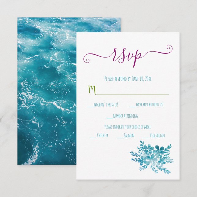 Hochzeit des Blauen Ozeans RSVP Karte (Vorne/Hinten)